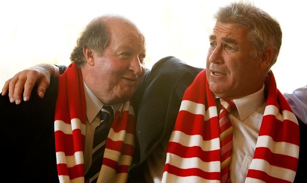 AFL 2009 Media - Sydney Swans Hall of Fame Media Call 260609 Peter Bedford (L) & Gerard Healy (R) reminisce during a Sydney Swans Hall of Fame Media Call at the Rising Sun Hotel, South Melbourne.